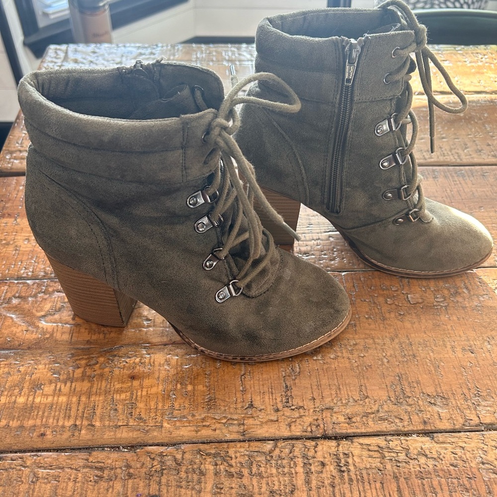 Olive Green Lace-Up Ankle Booties
